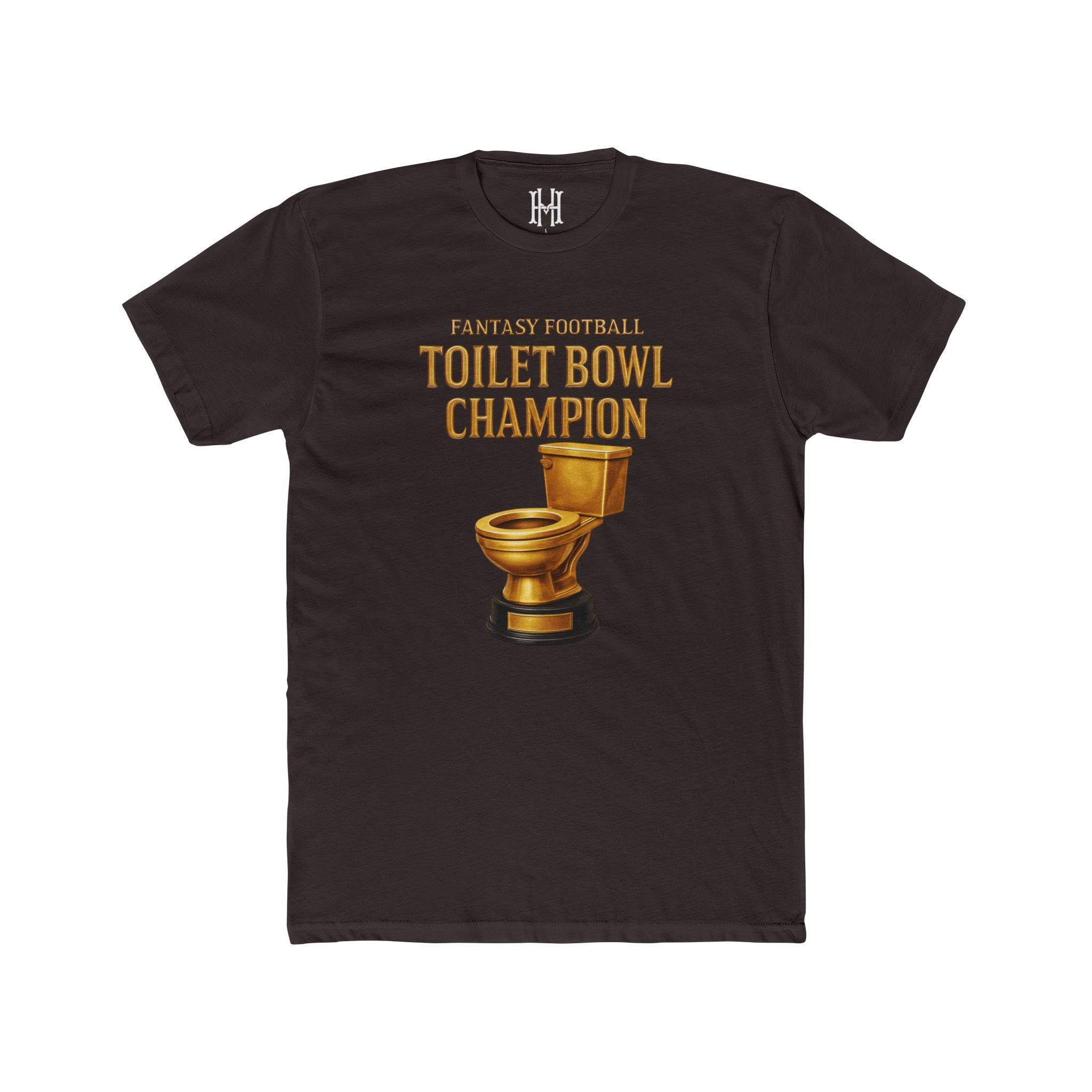 Black t-shirt with a graphic of a toilet and text 'Fantasy Football Toilet Bowl Champion' on a white background.