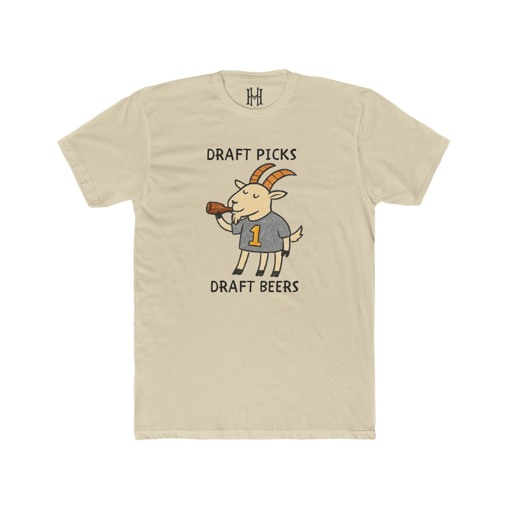 Beige t-shirt with a graphic of a goat holding a beer and text 'Draft Picks Draft Beers' on a white background.