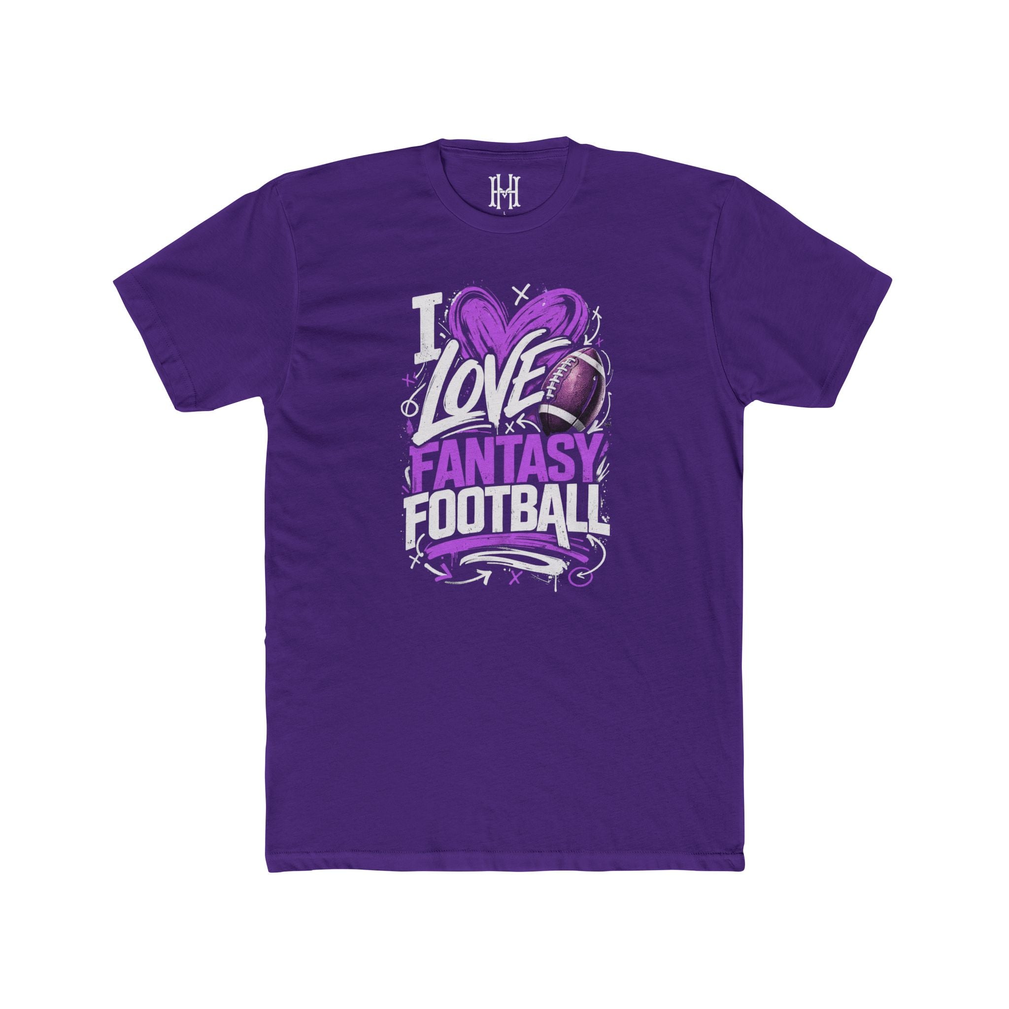Purple t-shirt with 'I Love Fantasy Football' text and graphic on a white background