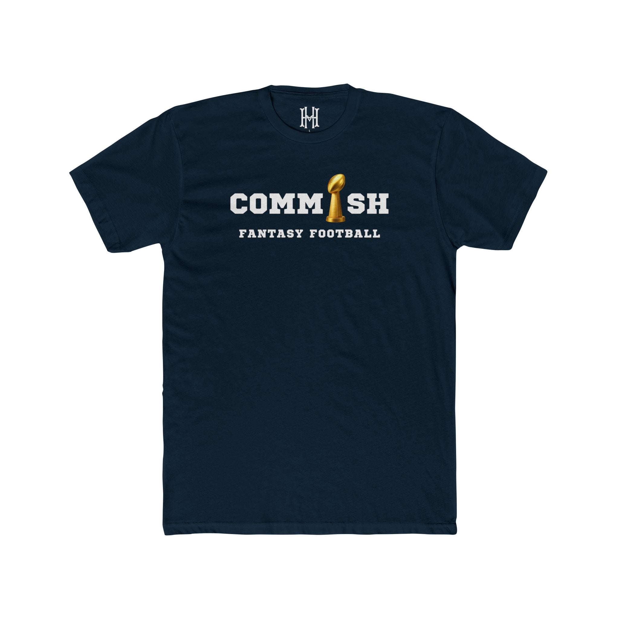 Navy blue t-shirt with 'COMMISSH Fantasy Football' text and trophy graphic on a white background