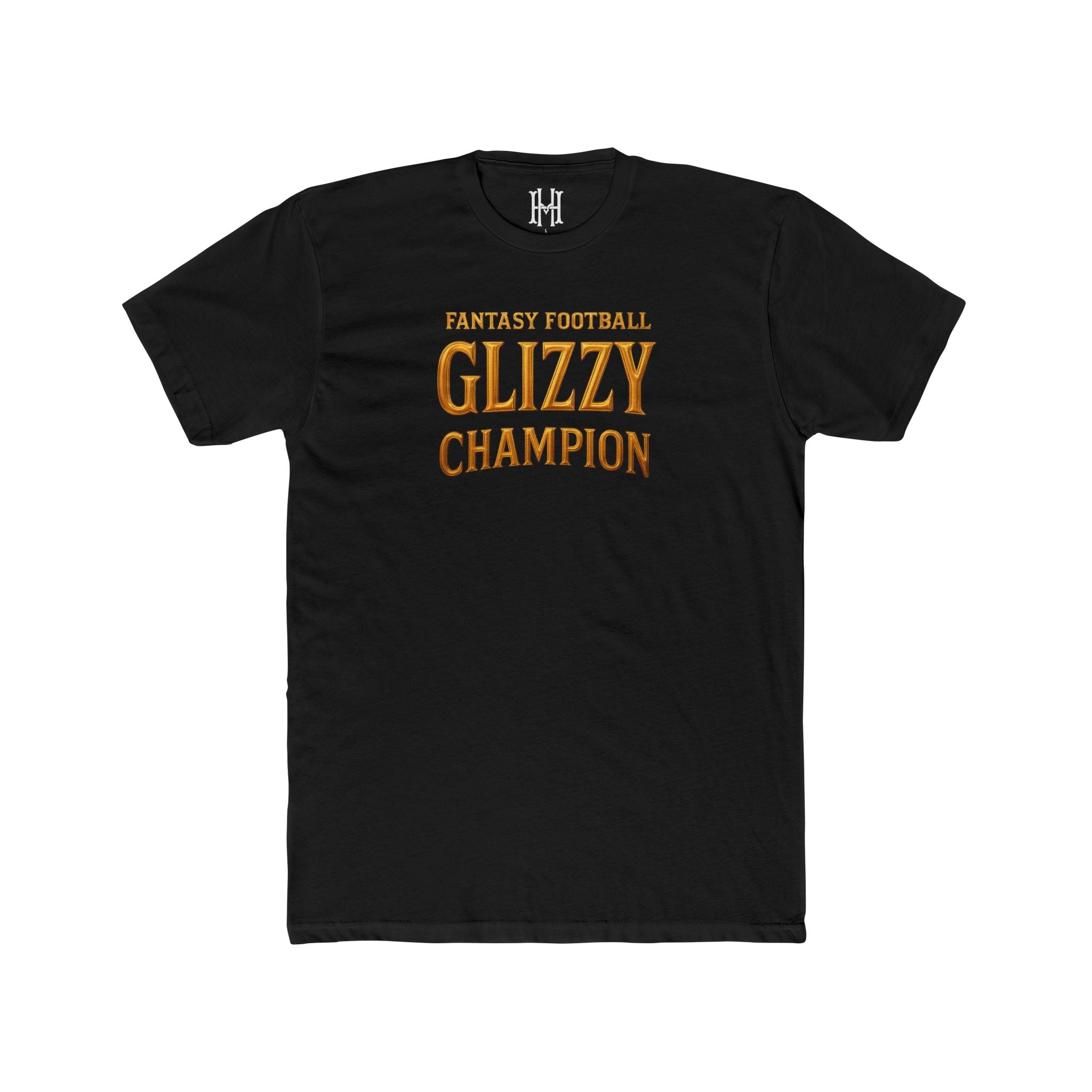 Black t-shirt with 'Fantasy Football Glizzy Champion' text in gold on a white background