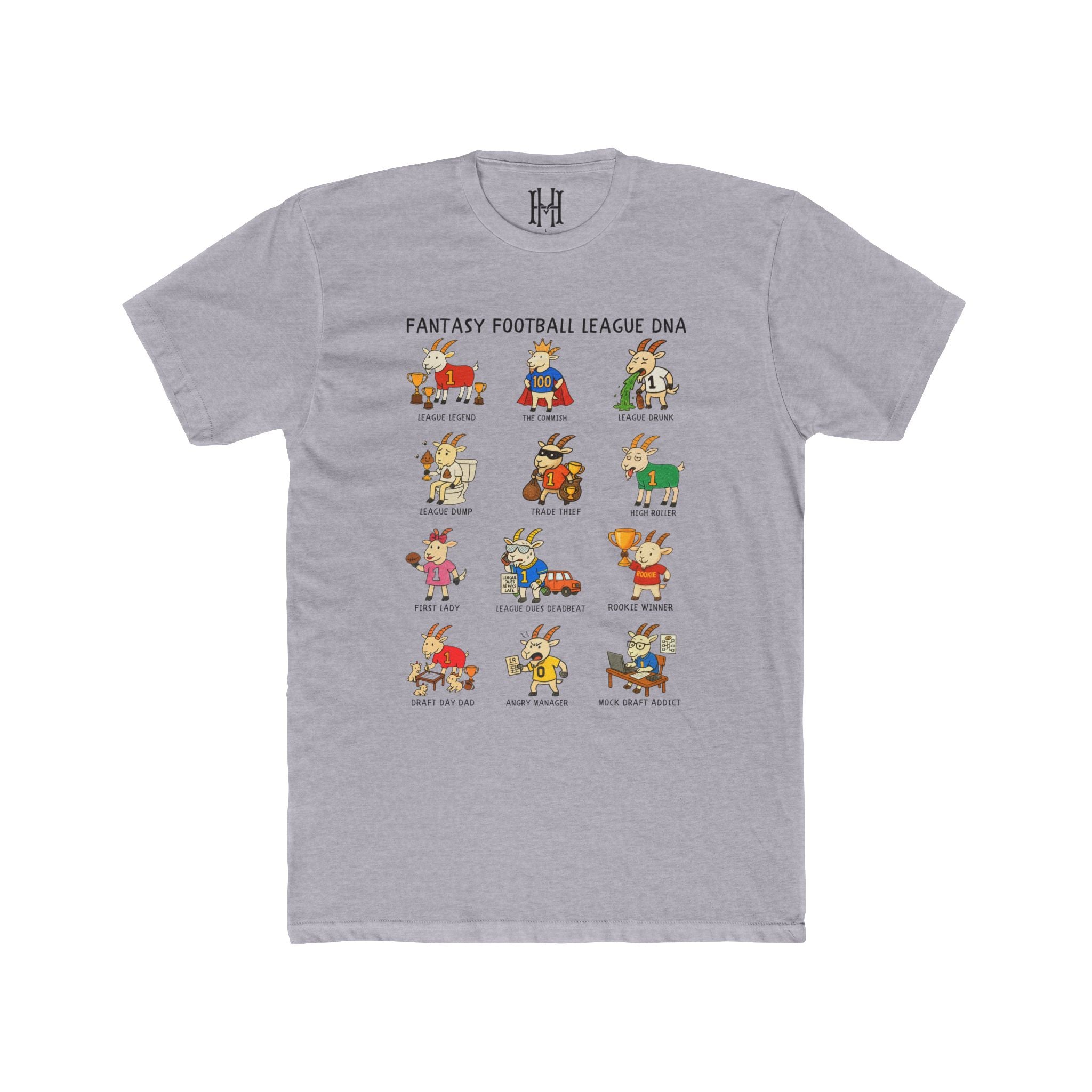 Gray t-shirt with cartoon character graphics and text on a white background