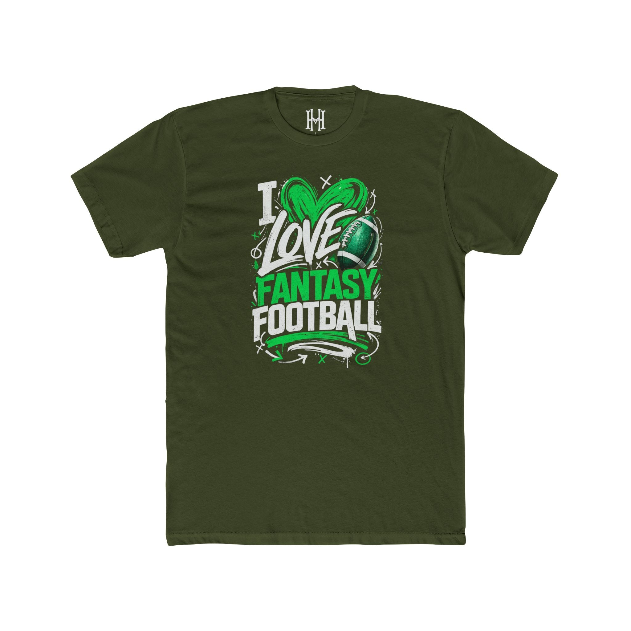 Green t-shirt with 'I Love Fantasy Football' design on a white background