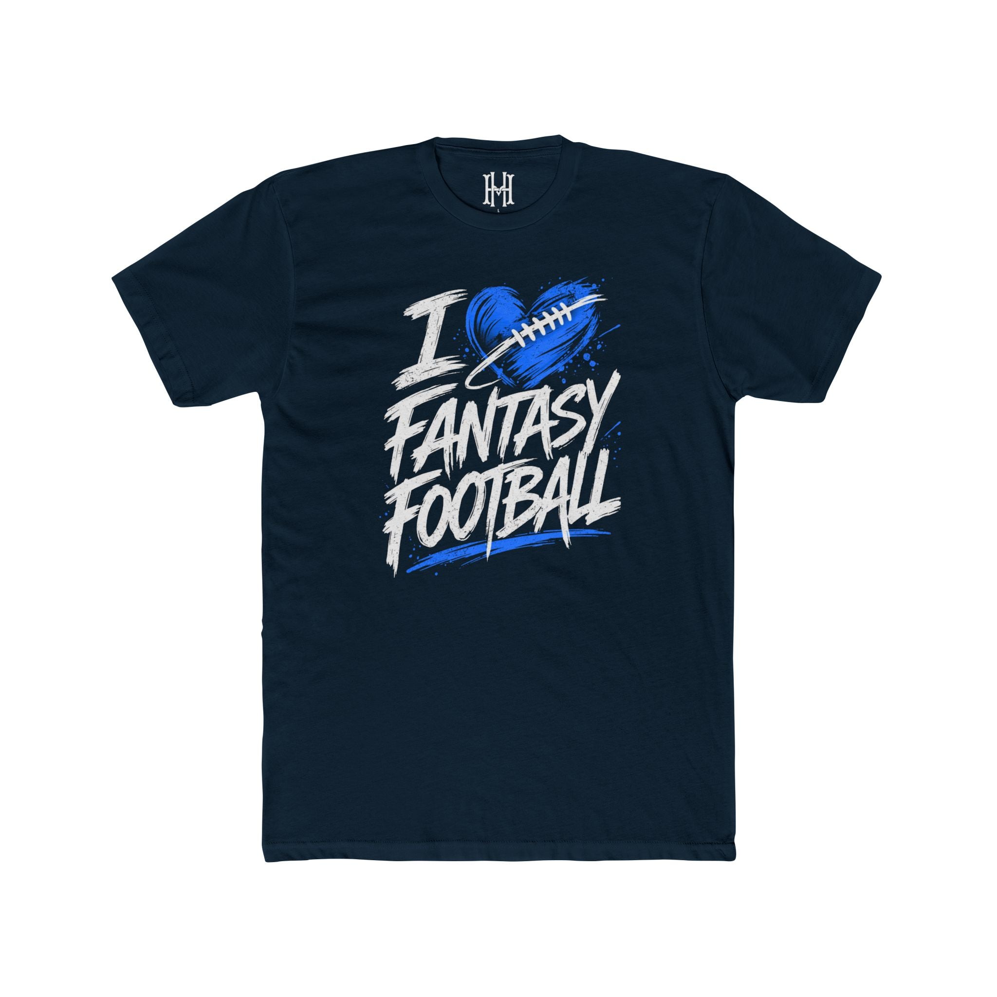 Navy blue t-shirt with 'I ❤️ Fantasy Football' design on a white background