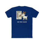 Blue t-shirt with a graphic of a goat holding a pen and a draft board on the back, on a white background.