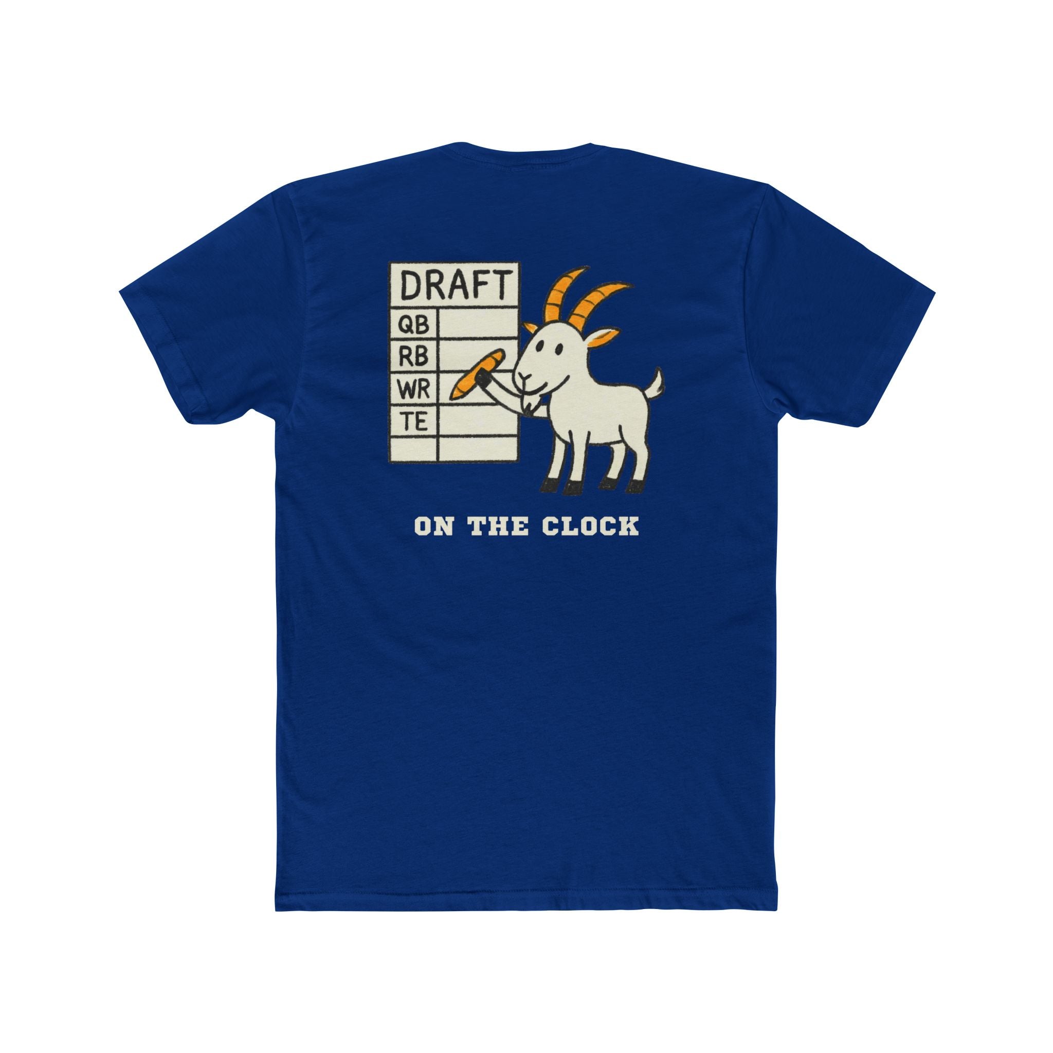 Blue t-shirt with a graphic of a goat holding a pen and a draft board on the back, on a white background.