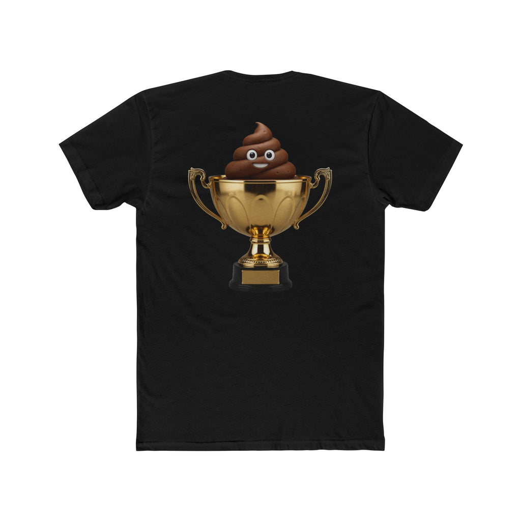 Black t-shirt with a gold trophy and poop emoji design on a white background