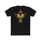Black t-shirt with a gold trophy and poop emoji design on a white background