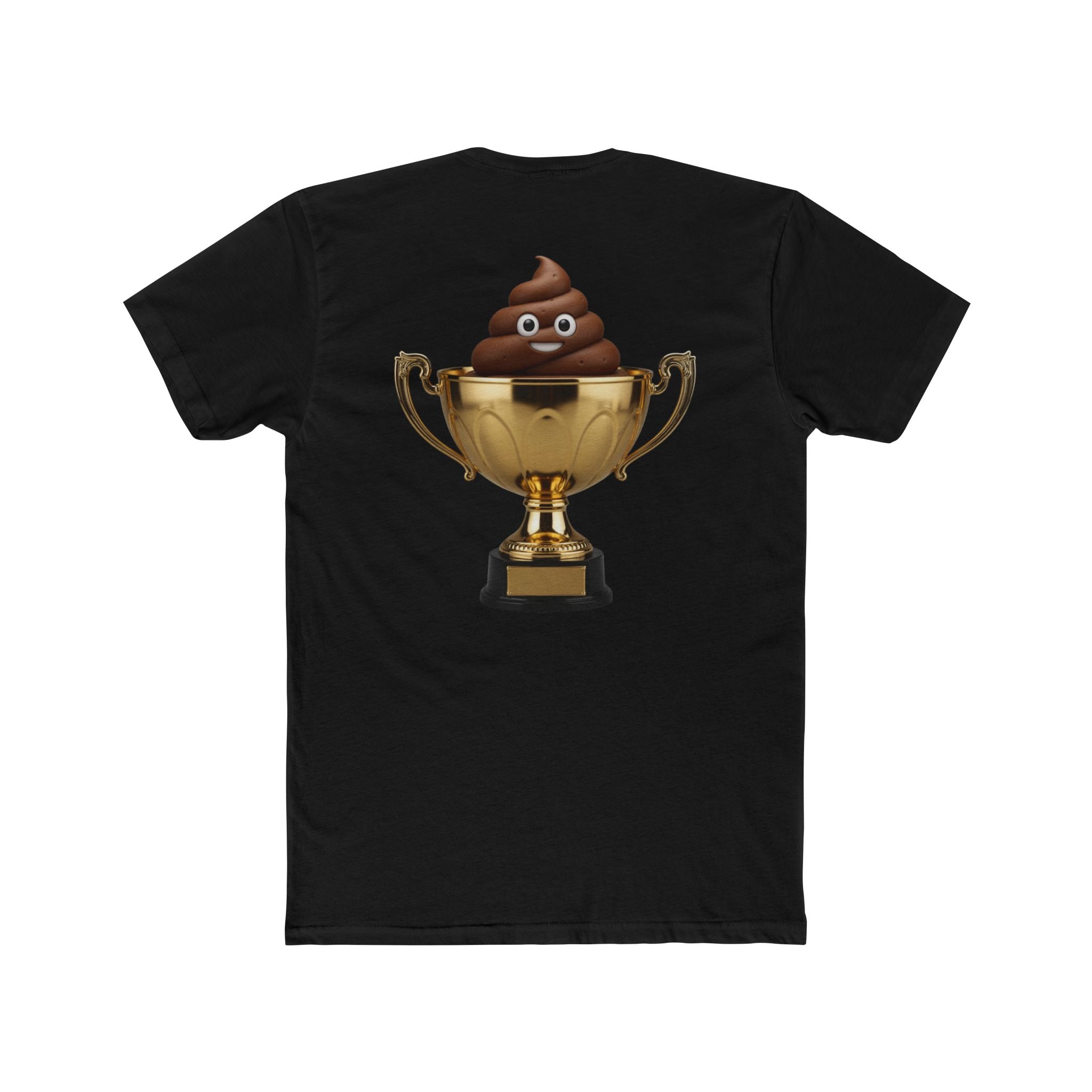 Black t-shirt with a gold trophy and poop emoji design on a white background