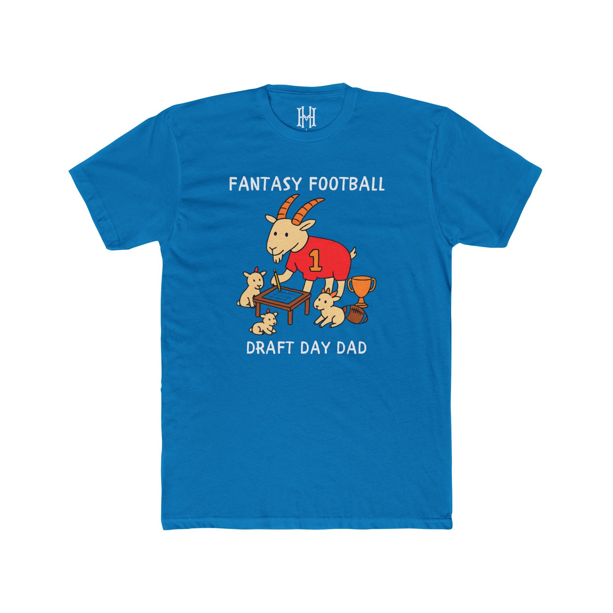 Blue t-shirt with a goat in a red jersey and text 'Fantasy Football Draft Day Dad' on a white background