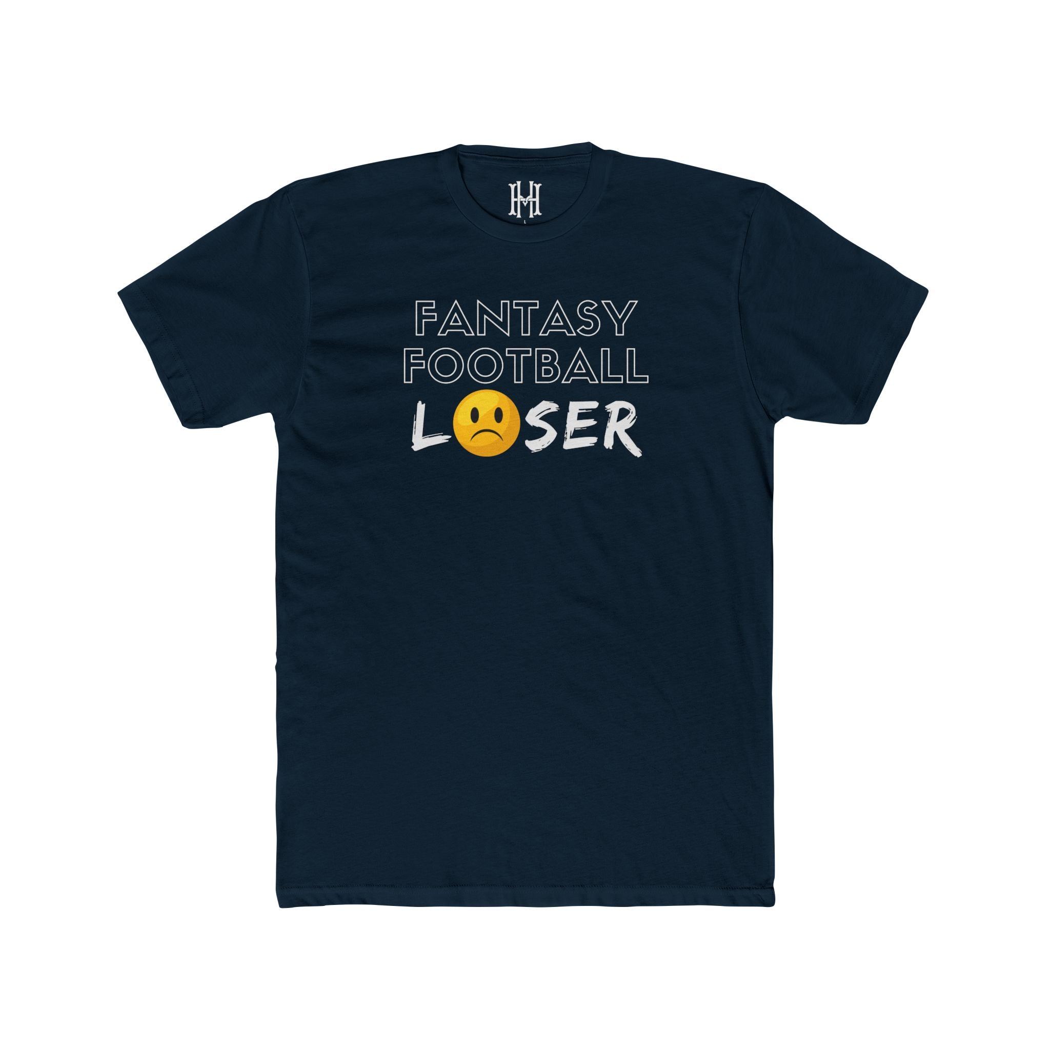 Navy blue t-shirt with 'Fantasy Football Loser' text and emoji on a white background