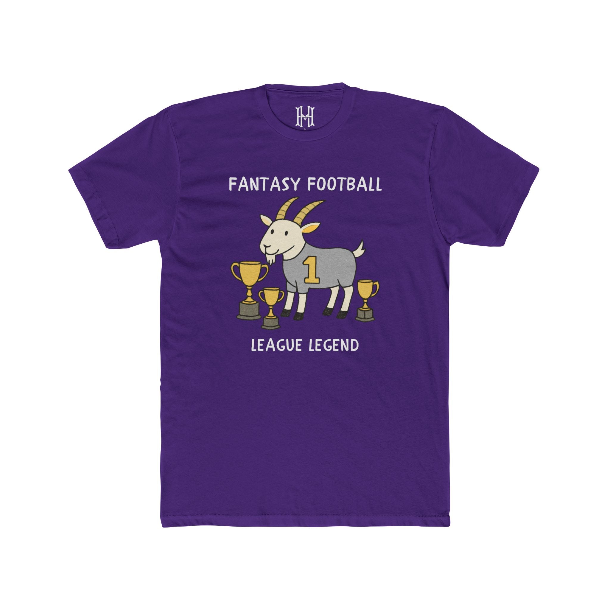 Purple t-shirt with a graphic of a goat, trophies, and text on a white background