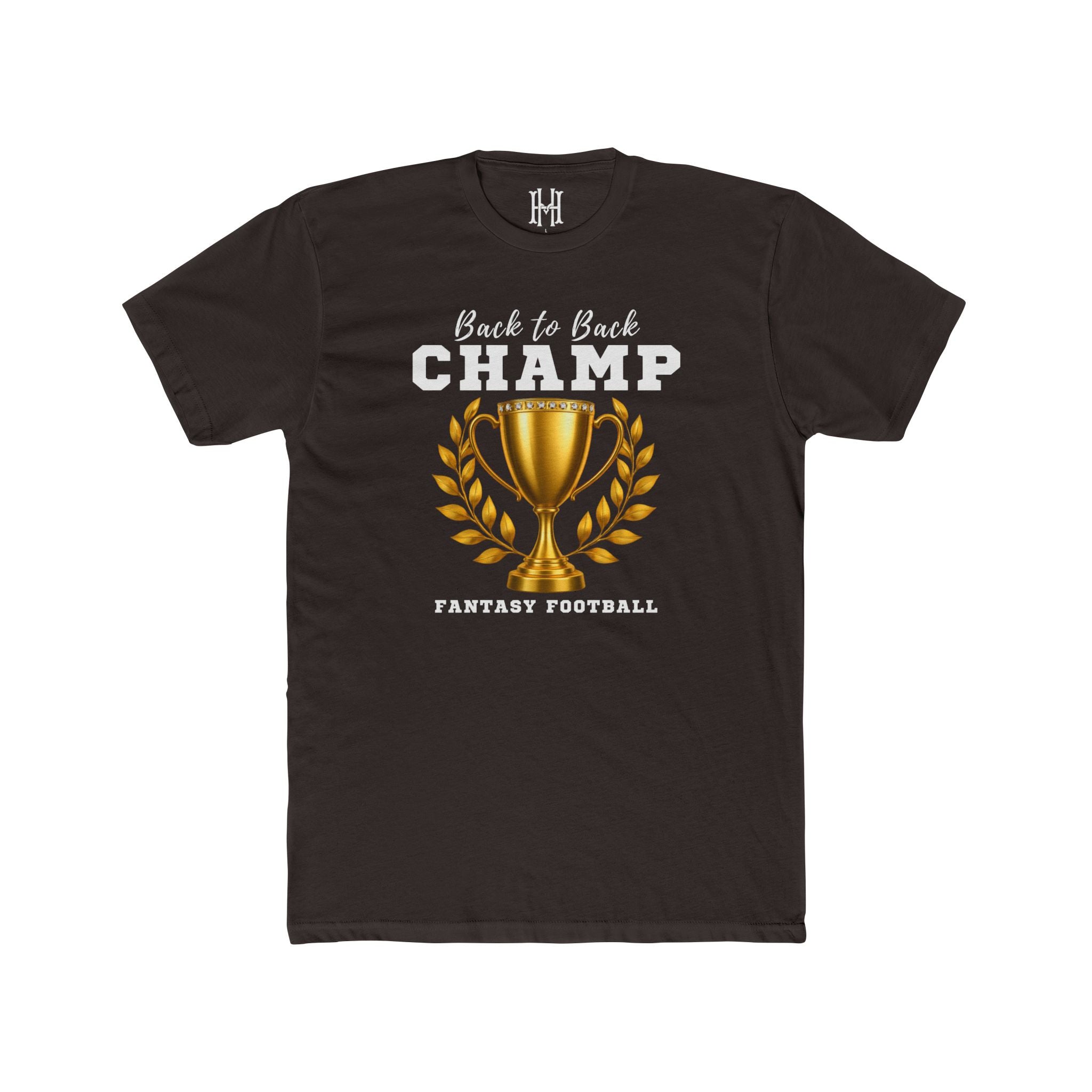 Black t-shirt with 'Back to Back Champ Fantasy Football' graphic on a white background