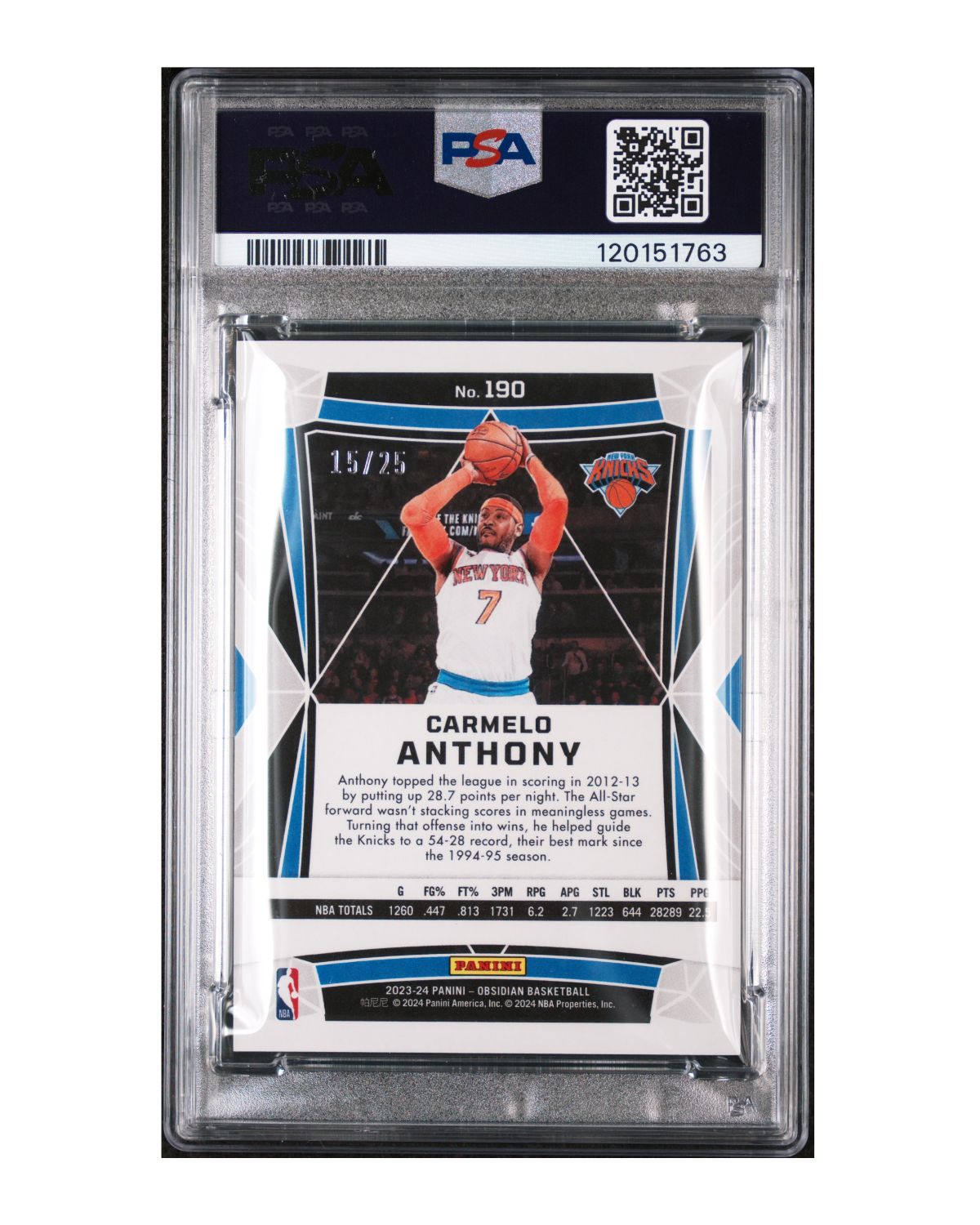 2023 Panini Obsidian #190 Carmelo Anthony Electric Etch Green 15/25 | PSA 9