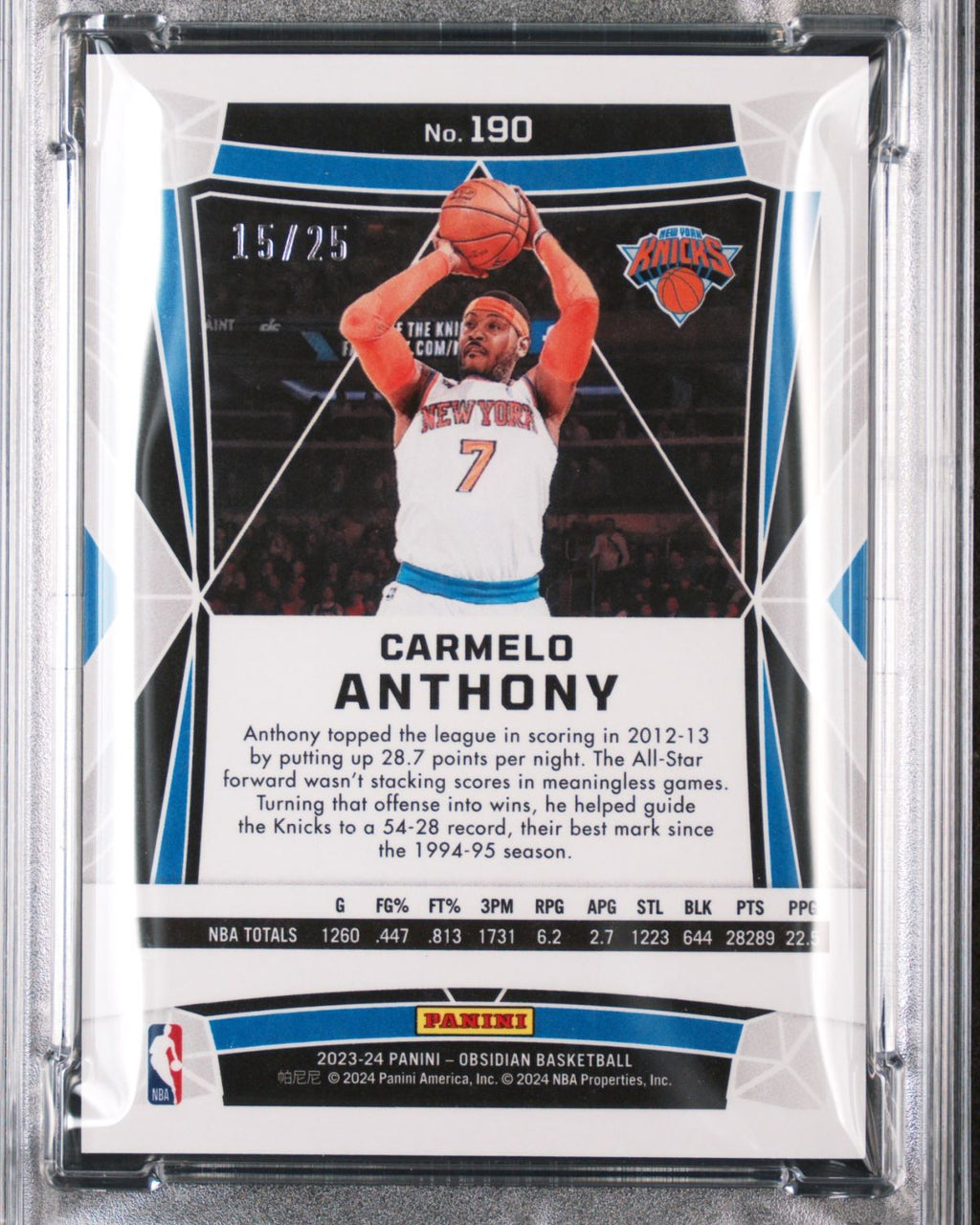 2023 Panini Obsidian #190 Carmelo Anthony Electric Etch Green 15/25 | PSA 9