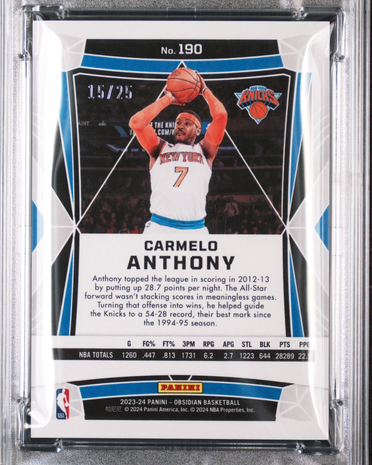 2023 Panini Obsidian #190 Carmelo Anthony Electric Etch Green 15/25 | PSA 9